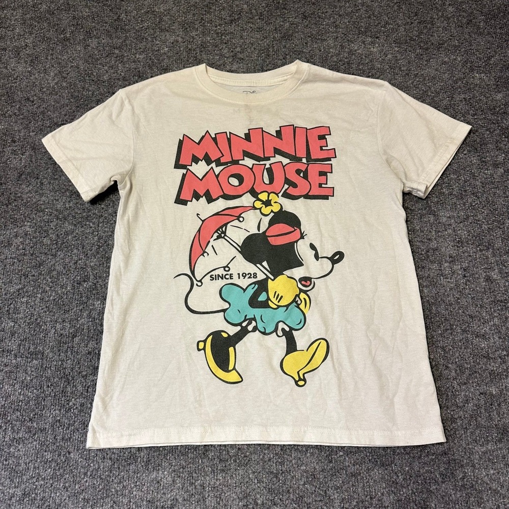 Disney T-Shirt Womens XS Cream Minnie Mouse Graphic Short Sleeve Cotton Blend